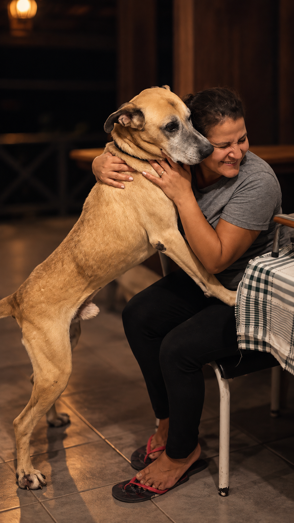 Jack, the founder’s first dog, sharing a hug with the founder’s mother.