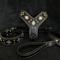 Aztec Leather Set — Harness, Collar & Leash, Black