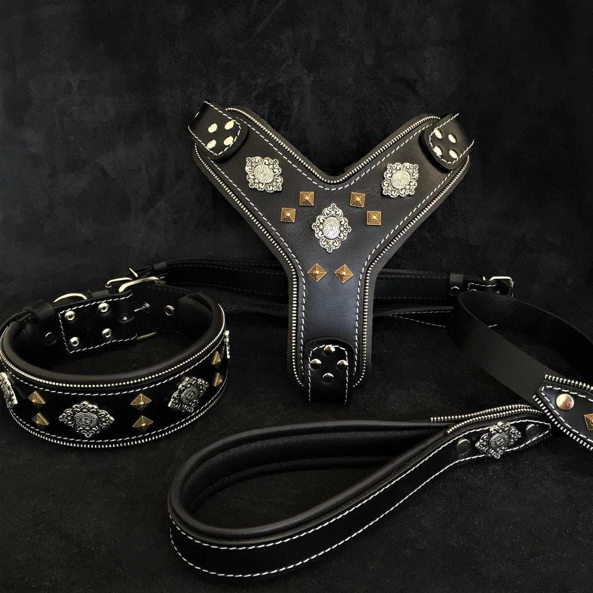 Aztec Leather Set — Harness, Collar & Leash, Black