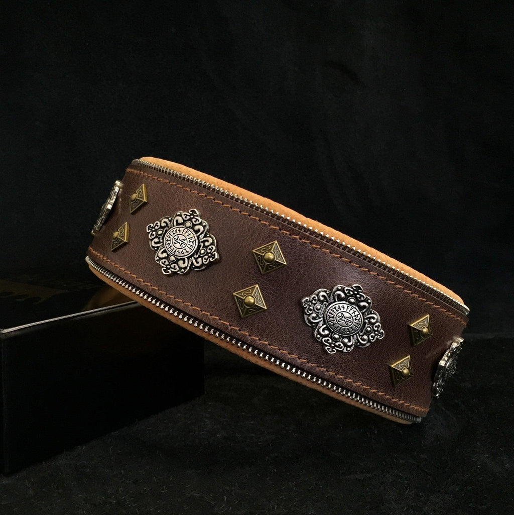 Aztec Leather Dog Collar — Brown, 2.5"