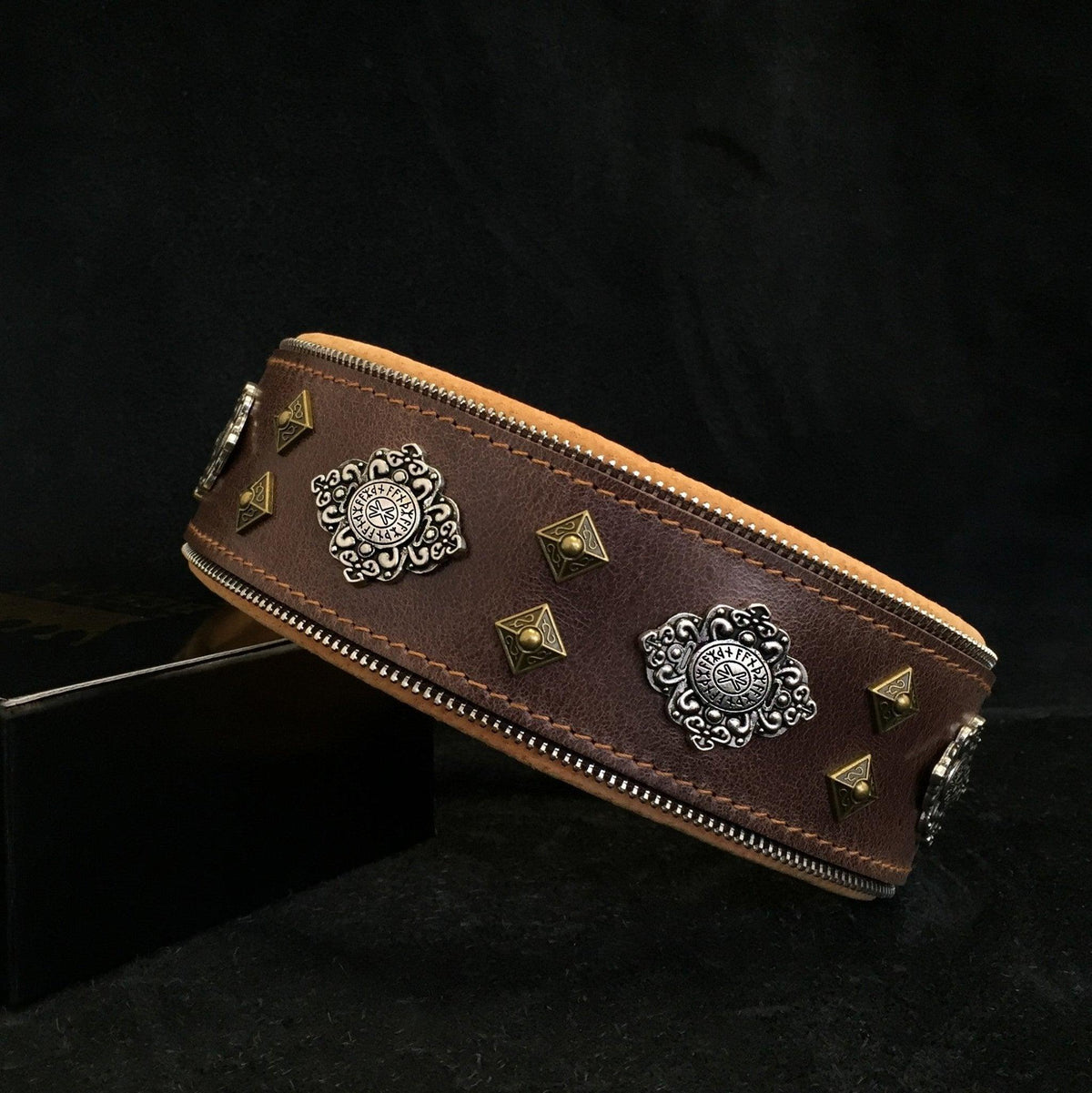 Aztec Leather Dog Collar — Brown, 2.5"