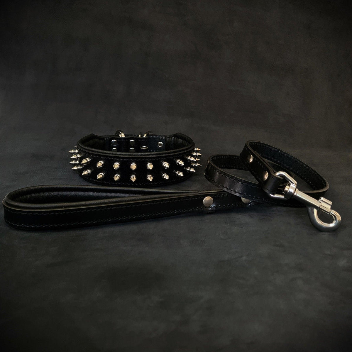 Frenchie Set — Spiked Leather Collar & Leash, Black