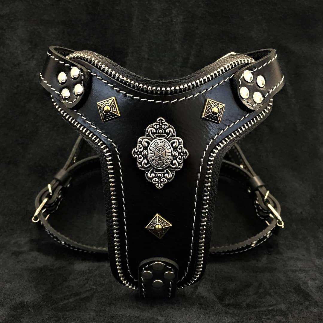 Aztec Leather Dog Harness — Black, Small to Medium