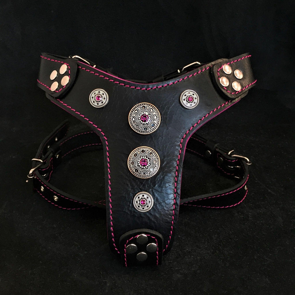 Bijou Leather Dog Harness — Black & Pink, Small to Medium