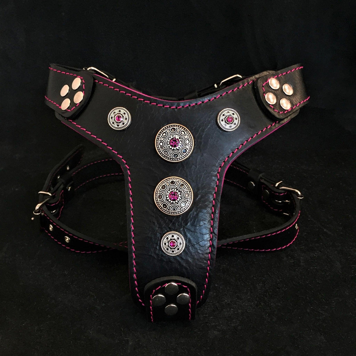 Bijou Leather Dog Harness — Black & Pink, Small to Medium