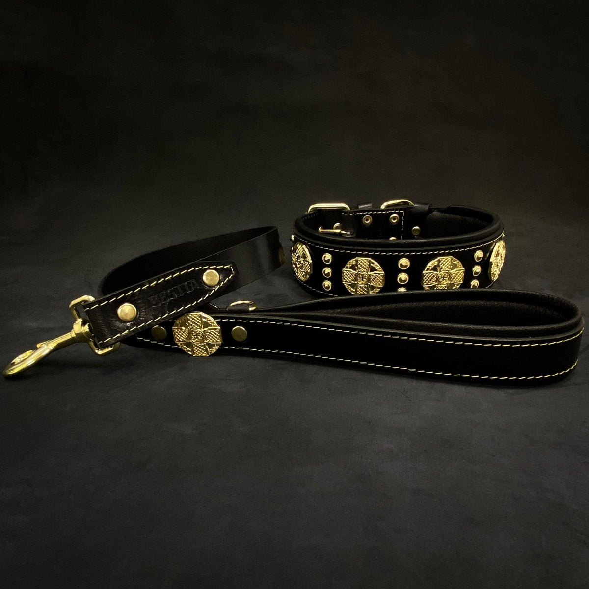 Maximus Leather Dog Collar — 2.5" Black & Gold